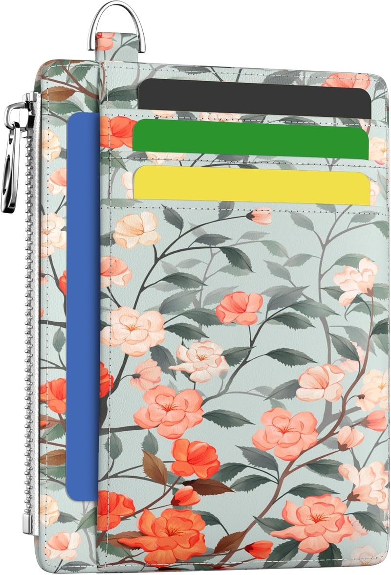Hancynir Slim Wallet Women Credit Card Holder Floral Flower RFID Blocking Small Cute Card Wallets Mini Front Pocket PU Leather Card Case Thin Travel Zipper Coin Cash Ladies Female Wallet Gifts - Image 1